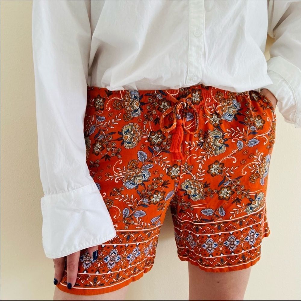 J Jill Orange Zinnia Floral Tile Print Soft Drawstring Shorts Sz XS Petite